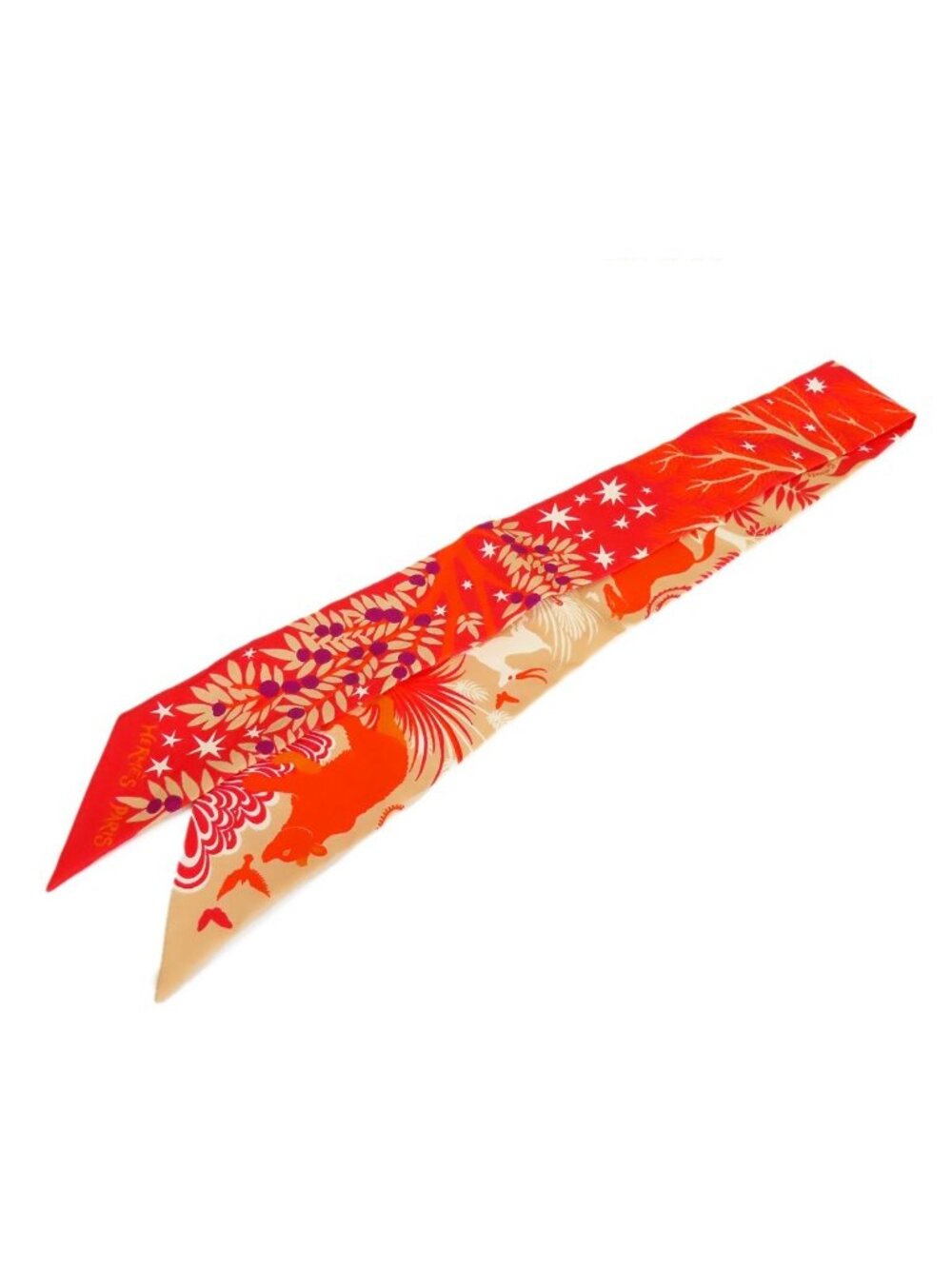 Hermes Twilly Red Beige Silk Attracted by the Charm of Orpheus Scarf